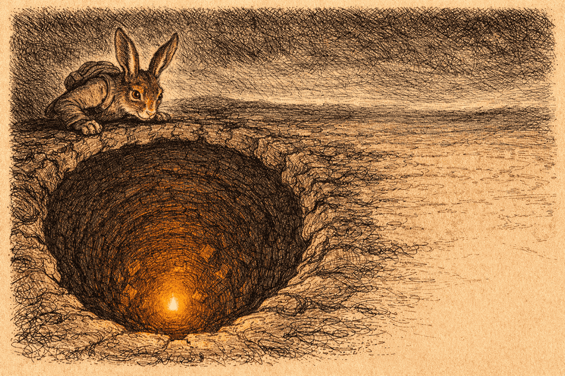 Hase blickt in ein tiefes, leuchtendes Erdloch